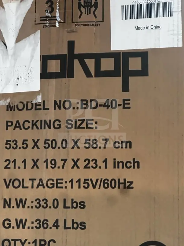 ZOKOP BD-40-E compact upright freezer packaging. New condition. Dimensions: 21.1x19.7x23.1 in. Voltage: 115V/60Hz.