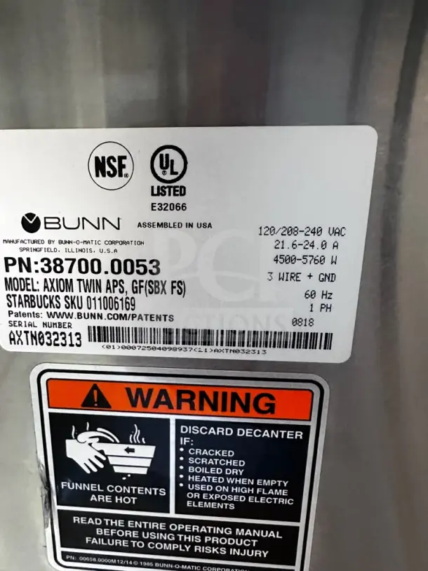 BUNN AXIOM APS Twin Airpot Coffee Brewer label showing model 38700.0053, NSF and UL listings, voltage, and safety warnings.