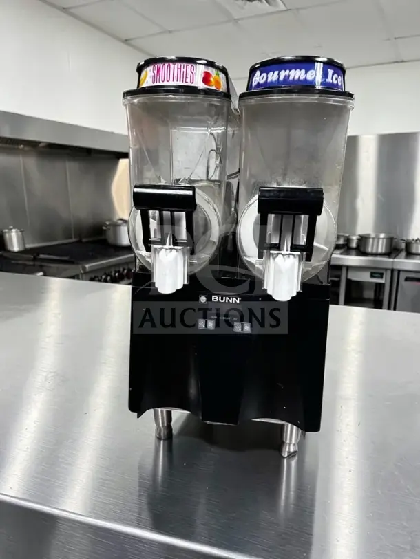Bunn-O-Matic Ultra-2 Slushy Machine, 3-gallon double tanks, black, model 34000.0123, "Smoothies" and "Gourmet Ice" labels.