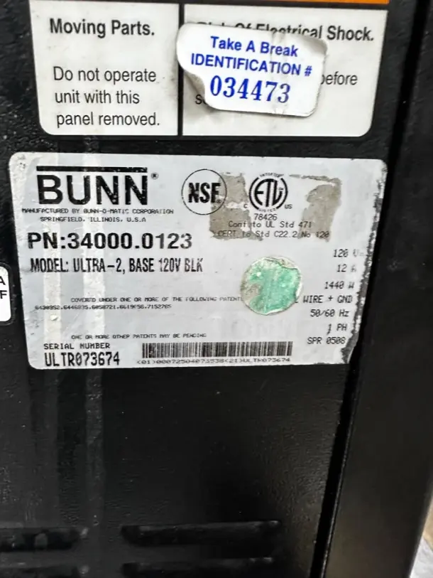 Bunn-O-Matic Ultra-2 slushy machine label showing model 34000.0123 and serial number ULTR073674, 120V.