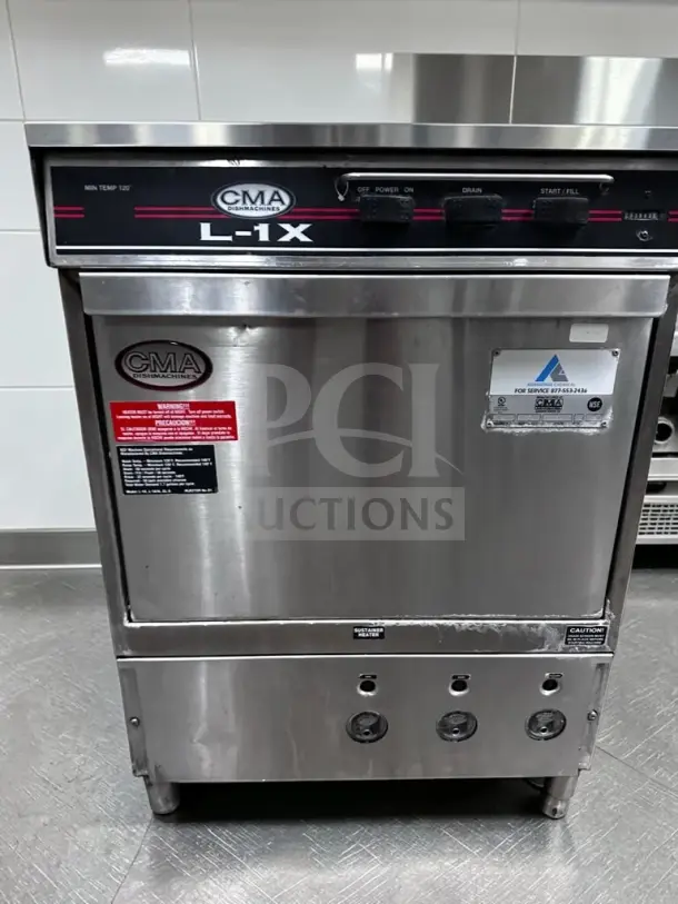 CMA Dishmachines L-1X undercounter dishwasher, 24", stainless steel, low-temp chemical sanitizing, fully tested and operational.