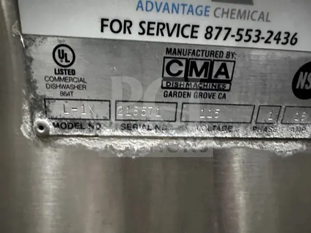 CMA Dishmachines L-1X commercial undercounter dishwasher label, showing model, serial number, voltage, and certifications.