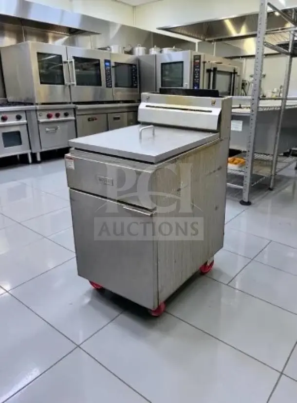 Migali C-F75E-NG floor fryer, 75 lb capacity, natural gas, excellent condition, stainless steel, ENERGY STAR®, tested and operational.