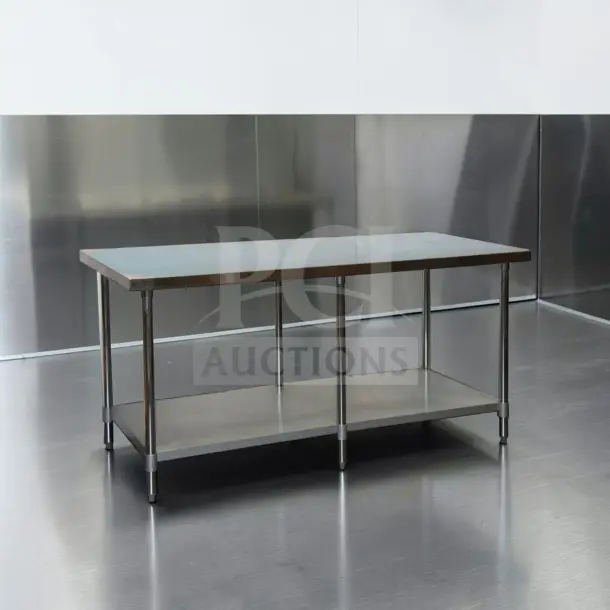 Brand new GSW WT-EE3072 stainless steel work table, 72"x30", 6-leg design, with galvanized undershelf, ETL certified.