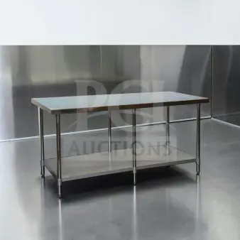 Brand new GSW WT-EE3072 stainless steel work table, 72"x30", 6-leg design, with galvanized undershelf, ETL certified.