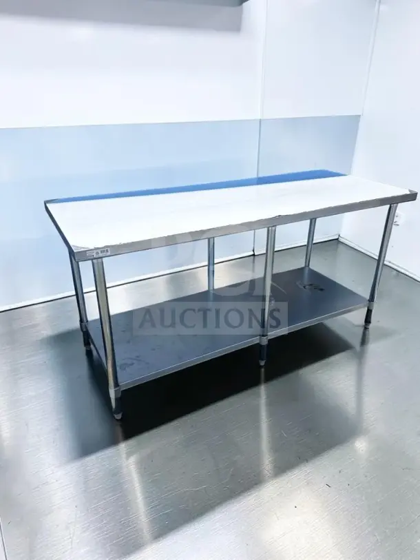 Brand new GSW WT-EE3072 72" x 30" stainless steel work table with galvanized undershelf, 6-leg design, ETL certified.