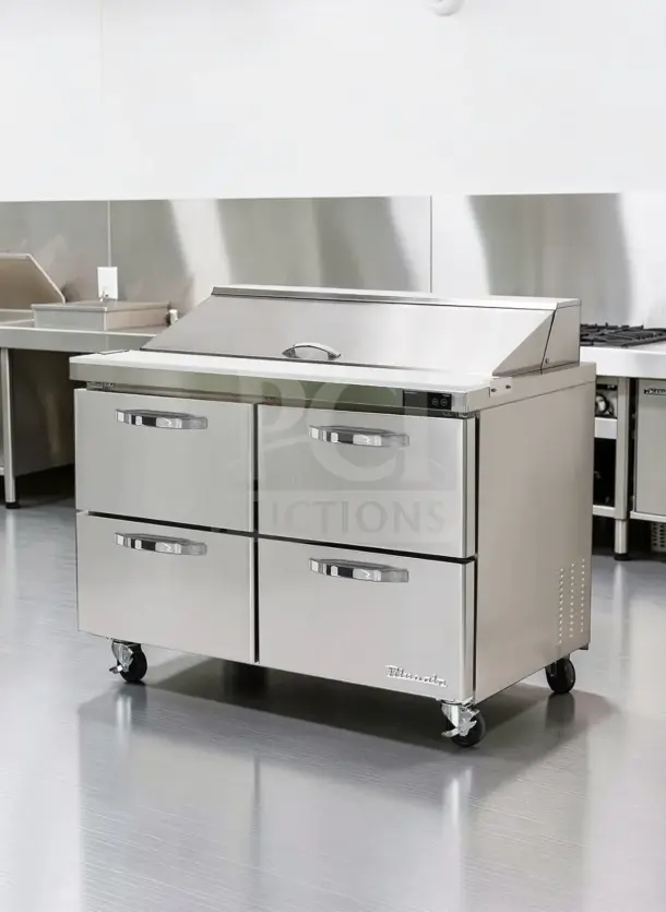 Blue Air BLPT48-D4-HC prep table, 48" two-section, 4 drawers, 12 pan capacity, 13.1 Cu. Ft., stainless steel, ETL/NSF listed.