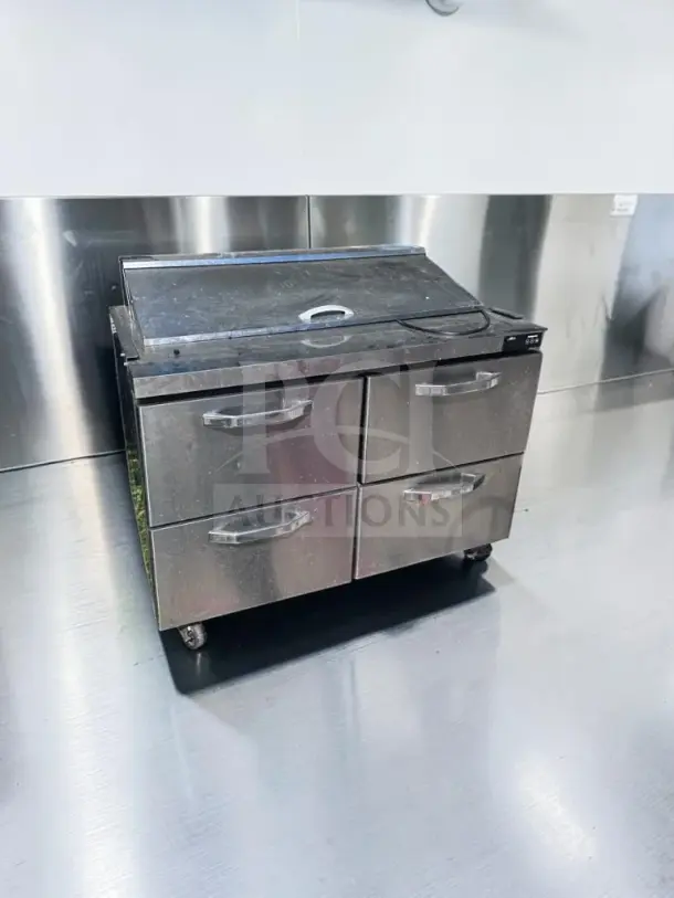 Blue Air BLPT48-D4-HC 48" sandwich prep table, 4 drawers, 12 pan capacity, excellent condition, ETL/NSF listed.