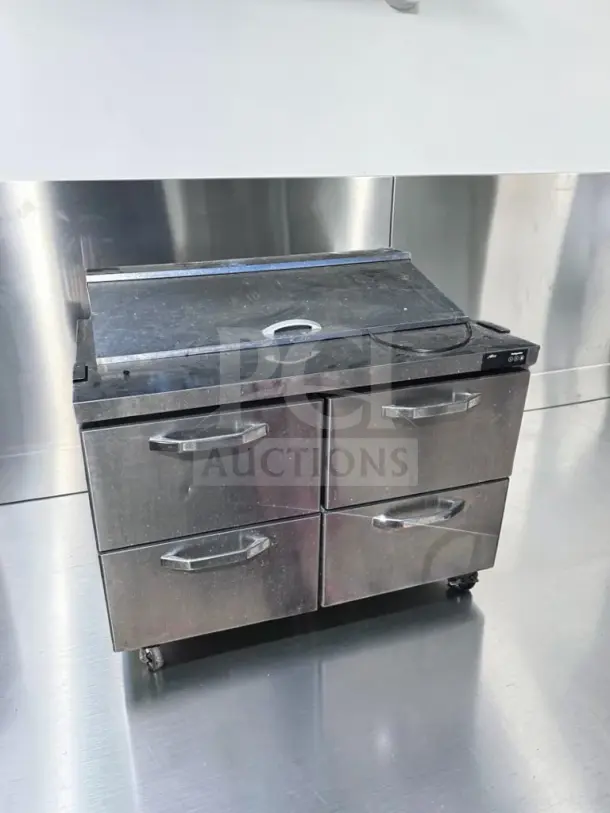Blue Air BLPT48-D4-HC 48" prep table, stainless steel, 4 drawers, 12 pan capacity, 13.1 Cu. Ft., 115V, ETL/NSF listed.