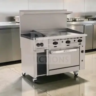 Wolf C48S-2B36G 48" gas range with 2 burners, 36" griddle, oven, and cabinet base. Superior condition, 155,000 BTU.