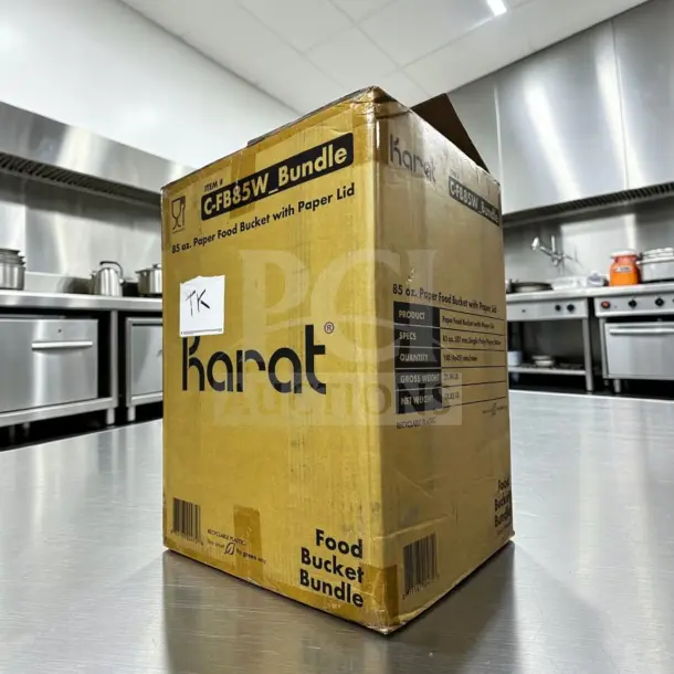 Karat C-FB85W_Bundle 85 oz. paper food bucket set, new/open case, 180 sets per case, visible packaging markings.
