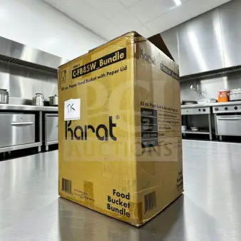 Karat C-FB85W_Bundle 85 oz. paper food bucket set, new/open case, 180 sets per case, visible packaging markings.