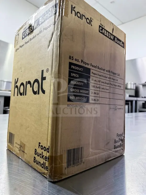 Karat 85 oz. white paper food buckets with lids, model C-FB85W_Bundle, 180 sets per case, new/open case.