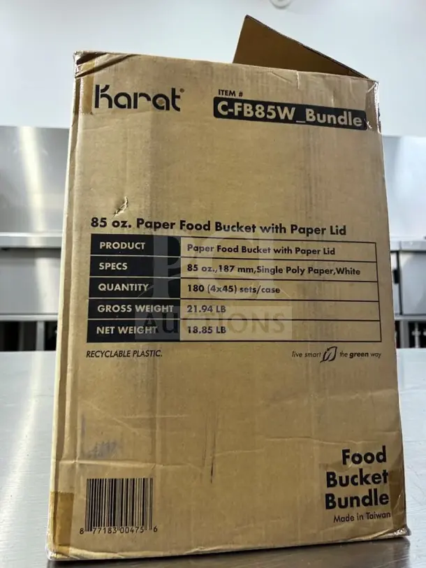 Karat Packaging 85 oz. white paper food buckets with lids, model C-FB85W_Bundle, 180 sets per case, new condition.