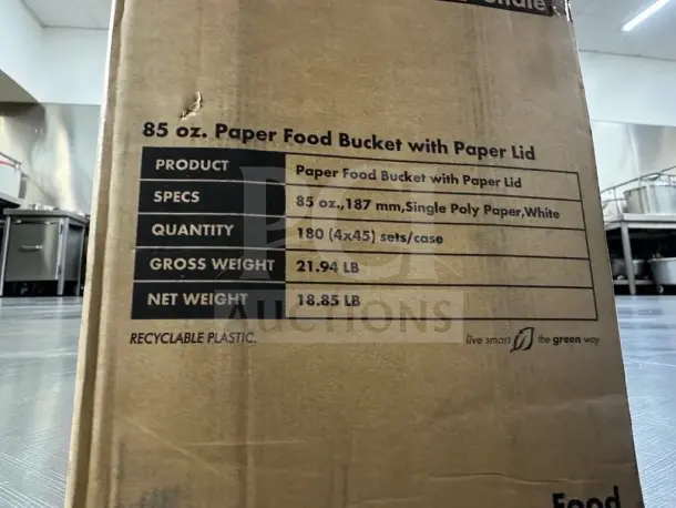 Karat Packaging 85 oz. white paper food buckets with lids, model C-FB85W_Bundle, 180 sets/case, new/open case.