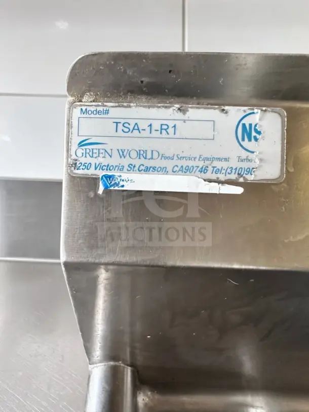 NSF certified label on Green World by Turbo Air TSA-1-12-R1 commercial sink with model and contact info.