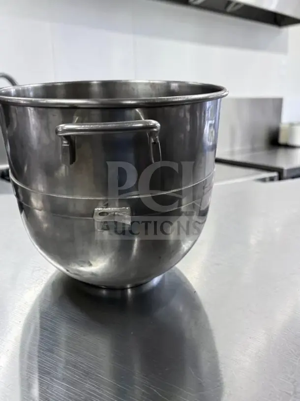 Hobart 30 Qt. stainless steel mixer bowl, high-grade condition, ideal commercial replacement, durable handles visible.
