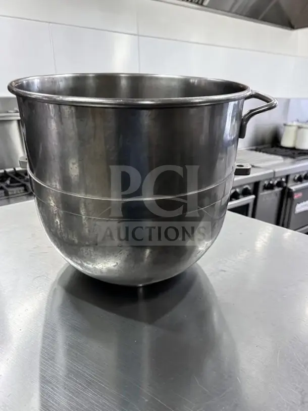Hobart 30 Qt. stainless steel mixer bowl, high-grade condition, heavy-duty commercial replacement, handles visible.