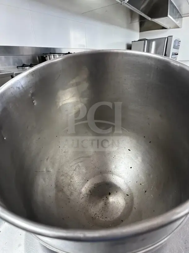 Hobart 30 Qt. stainless steel mixer bowl, high-grade condition, for commercial use; interior view showing clean surface.