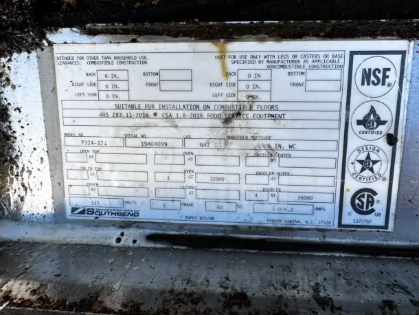 Southbend P32A-171 label detailing model, serial number 19A04099, NSF certifications, and gas specifications.