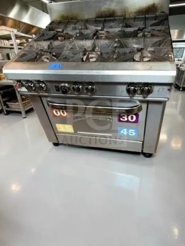 Southbend S36D 36" commercial 6-burner natural gas range with oven, 203,000 BTU, excellent condition, fully tested.