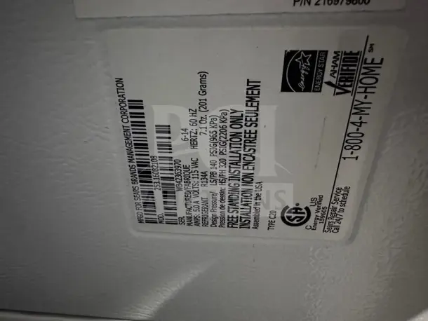 Kenmore Elite 253.16082108 label showing model, serial number W84236970, Energy Star certification, and installation details.