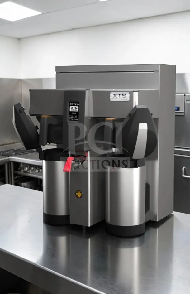 FETCO CBS-2132XTS stainless steel double automatic coffee brewer, 240V, in optimal condition, fully tested and operational.