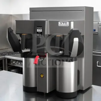 FETCO CBS-2132XTS stainless steel double automatic coffee brewer, 240V, in optimal condition, fully tested and operational.