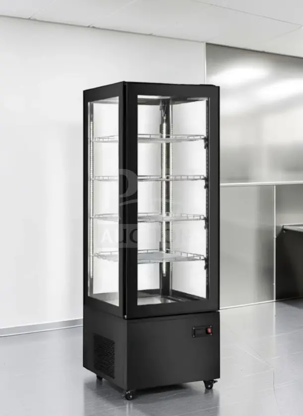 Brand new Marchia MVS500-B vertical refrigerated cake display case, black exterior, LED lighting, ETL/NSF certified.