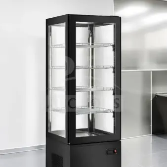 Brand new Marchia MVS500-B vertical refrigerated cake display case, black exterior, LED lighting, ETL/NSF certified.