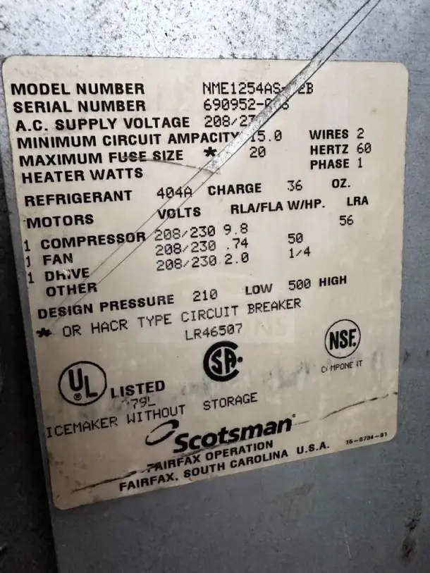 Label of Scotsman NME1254AS-32B ice machine, detailing model, serial number, voltage, refrigerant type, and certifications.
