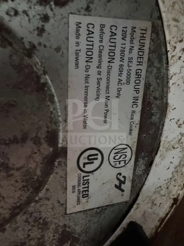 Thunder Group SEJ-50000 rice cooker label, displaying model, 120V 1780W specs, NSF & UL listed. Made in Taiwan.