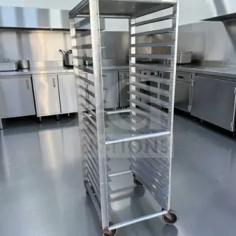 Commercial grade full-size aluminum sheet pan rack, 20 pan capacity, premium condition, heavy-duty with casters.