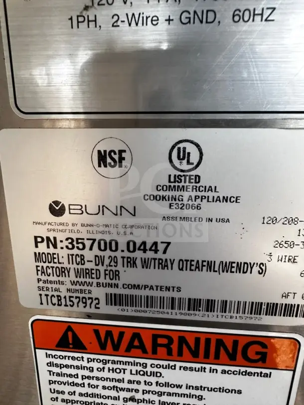 BUNN ITCB-DV 29" Trunk with Tray, infusion series tea & coffee brewer. NSF & UL listed. Model PN 35700.0447, fully tested.