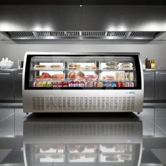 KoolMore RD32C-SS refrigerated deli display case, 82", stainless steel, curved glass, 32 cu. ft., ETL listed, brand new.