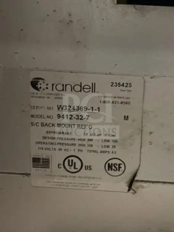 Label from a Randell 9412-32-7 refrigerated prep table, showing model, serial number, NSF/UL certifications, and specifications.