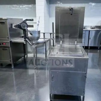 Lucks G1826 commercial donut fryer, stainless steel, 60,000 BTU, with donut screen and manual depositor in excellent condition.