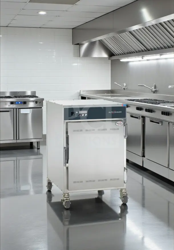 Alto-Shaam 750-S mobile holding cabinet in stainless steel, holds 10 full-size pans, UL listed, fully tested, in excellent condition.