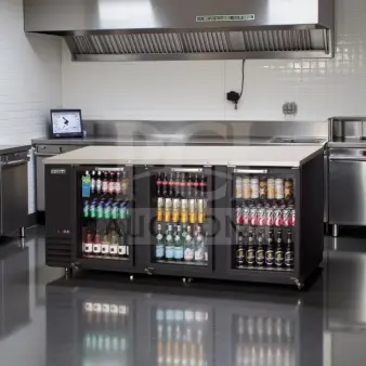Everest EBB90G commercial back bar refrigerator with 3 swinging glass doors, black, elite condition, ETL/NSF listed.