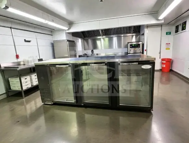 Everest EBB90G back bar refrigerator with three glass doors, black finish, 89 1/4", ETL/NSF listed, tested, operational.