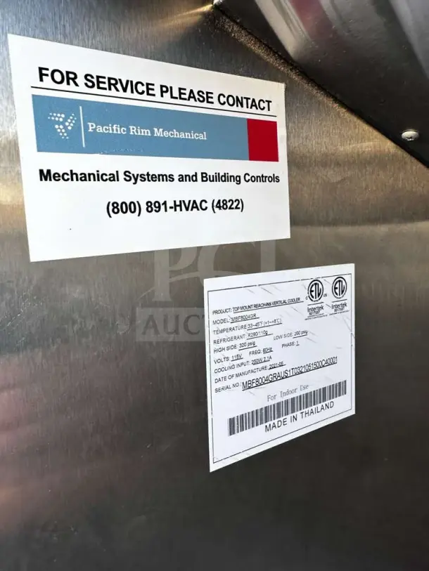 Atosa MBF8004GR commercial refrigerator label, ETL listed, ENERGY STAR rated, made in Thailand. Model and service info visible.