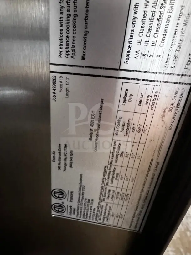 EconAir 12 ft stainless steel exhaust hood, model 4824 EX-1, inspected, ready for installation, label shows specifications.