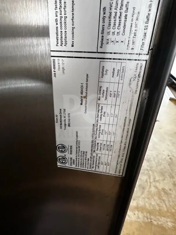 EconAir 12 ft stainless steel restaurant exhaust hood in outstanding condition, model 4824 EX-1, fully inspected.