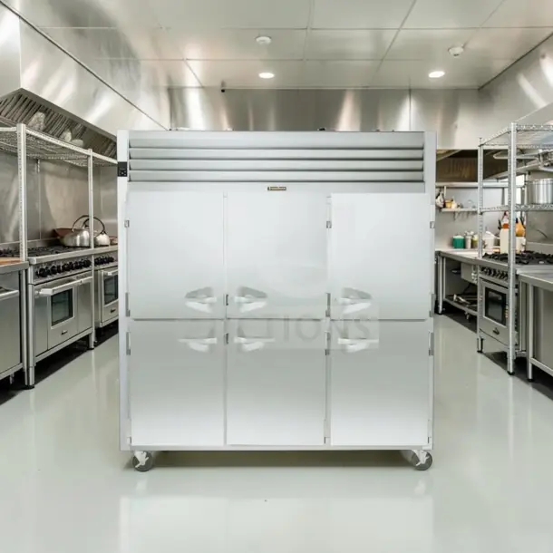 Traulsen G30001 three-section reach-in refrigerator, 76", six half solid doors, 69.1 Cu. Ft., prime condition, NSF & cETLus listed.