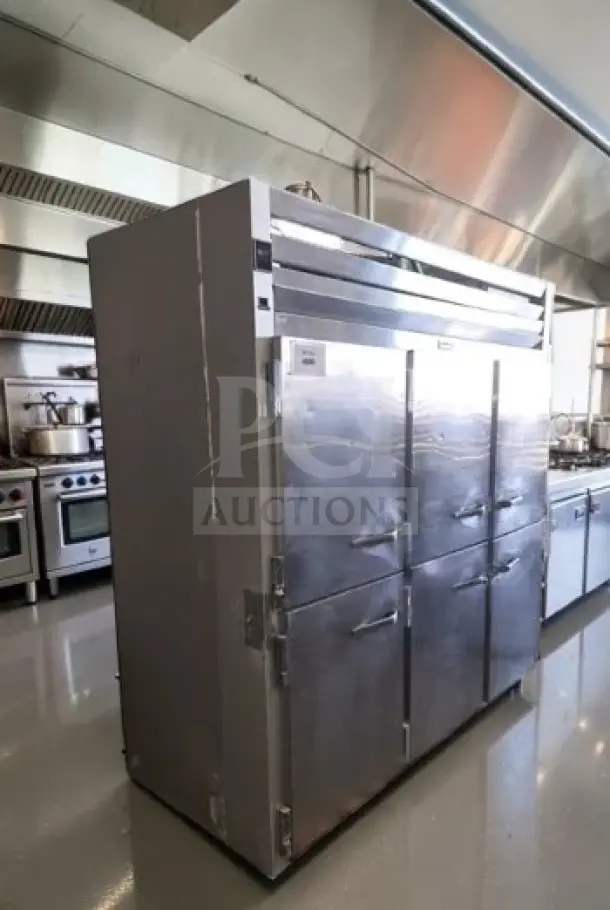 Traulsen G30001 three-section reach-in refrigerator, 76", 69.1 cu. ft., six half solid doors, stainless steel, NSF cETLus listed.