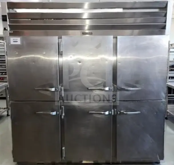 Traulsen G30001 three-section reach-in refrigerator, 76", 69.1 cu. ft., six half solid doors, stainless steel, NSF & cETLus listed.