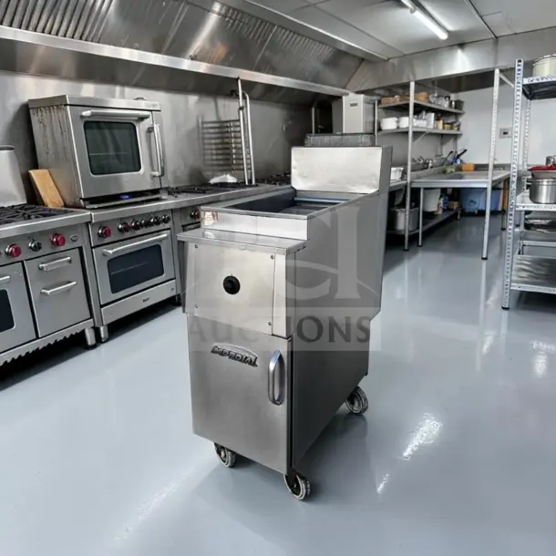 Imperial 40 lb stainless steel gas floor fryer in superior condition, fully tested and operational, model IMP-L-FRYR-1331.