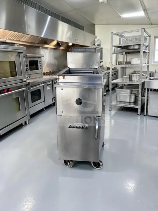 Imperial 40 lb stainless steel gas floor fryer in superior condition, model IMP-L-FRYR-1331, fully tested and operational.