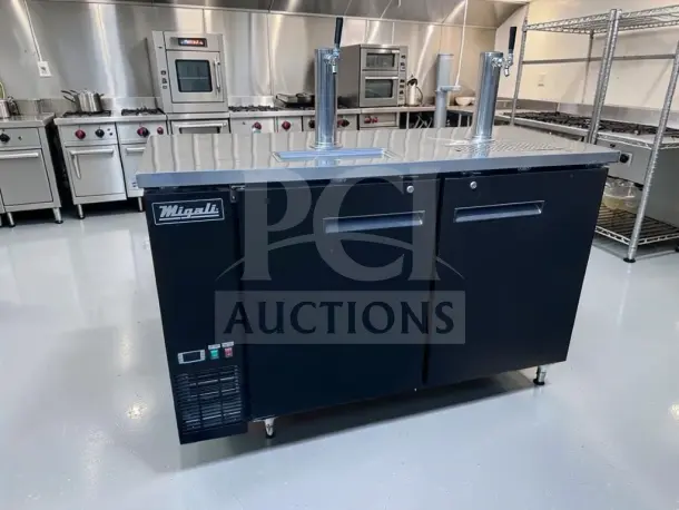 Migali C-DD60-2-HC 60" two-door direct draw beer dispenser, 2 taps, 115V, exceptional condition, commercial kegerator.