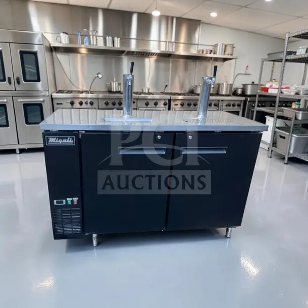 Migali C-DD60-2-HC 60" two-door beer dispenser, 2-tap kegerator, excellent condition, model MIG-M-DISP-1332, operational.